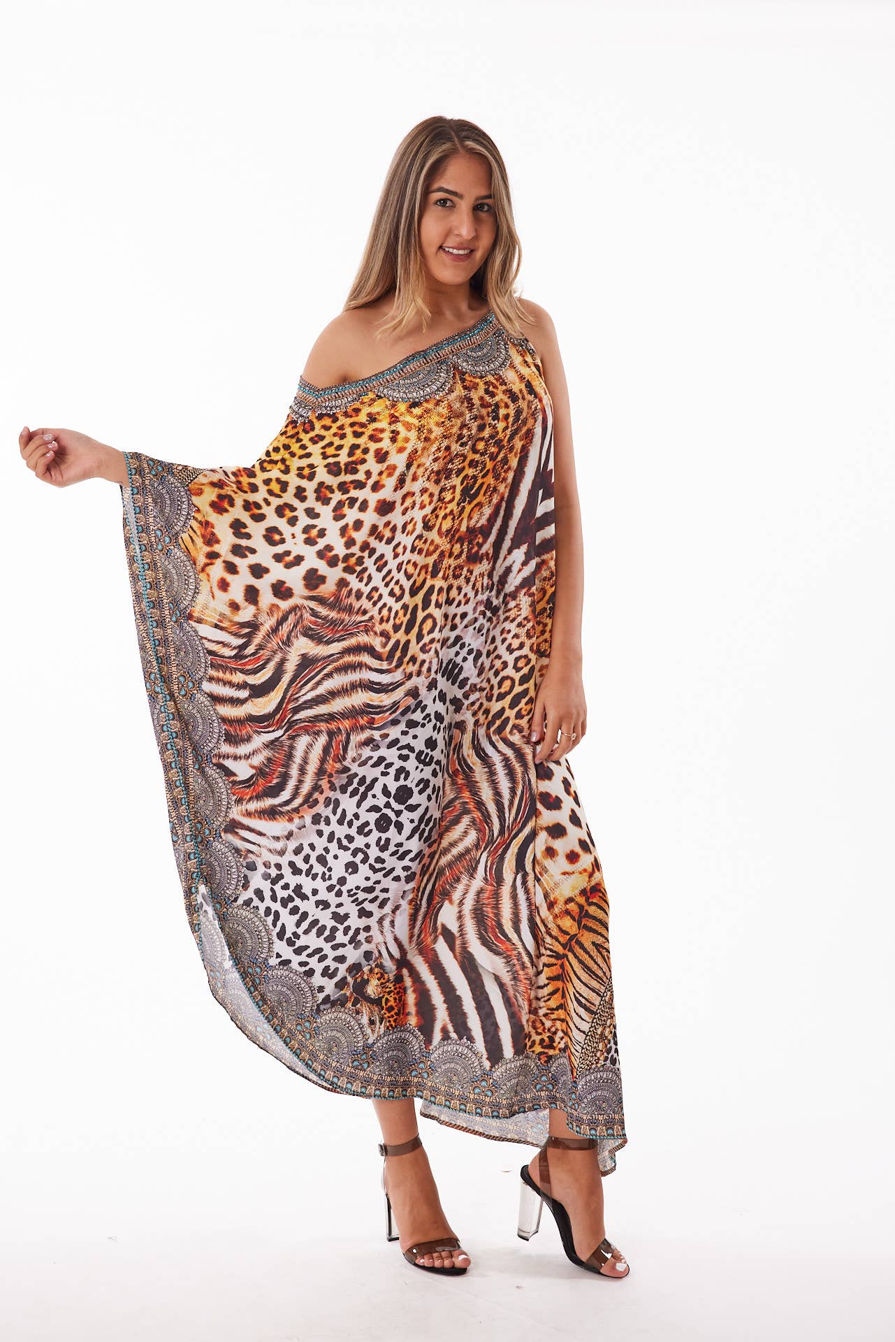 Crystal-Embellished One-Shoulder Dress - Zebra / Tiger Combo