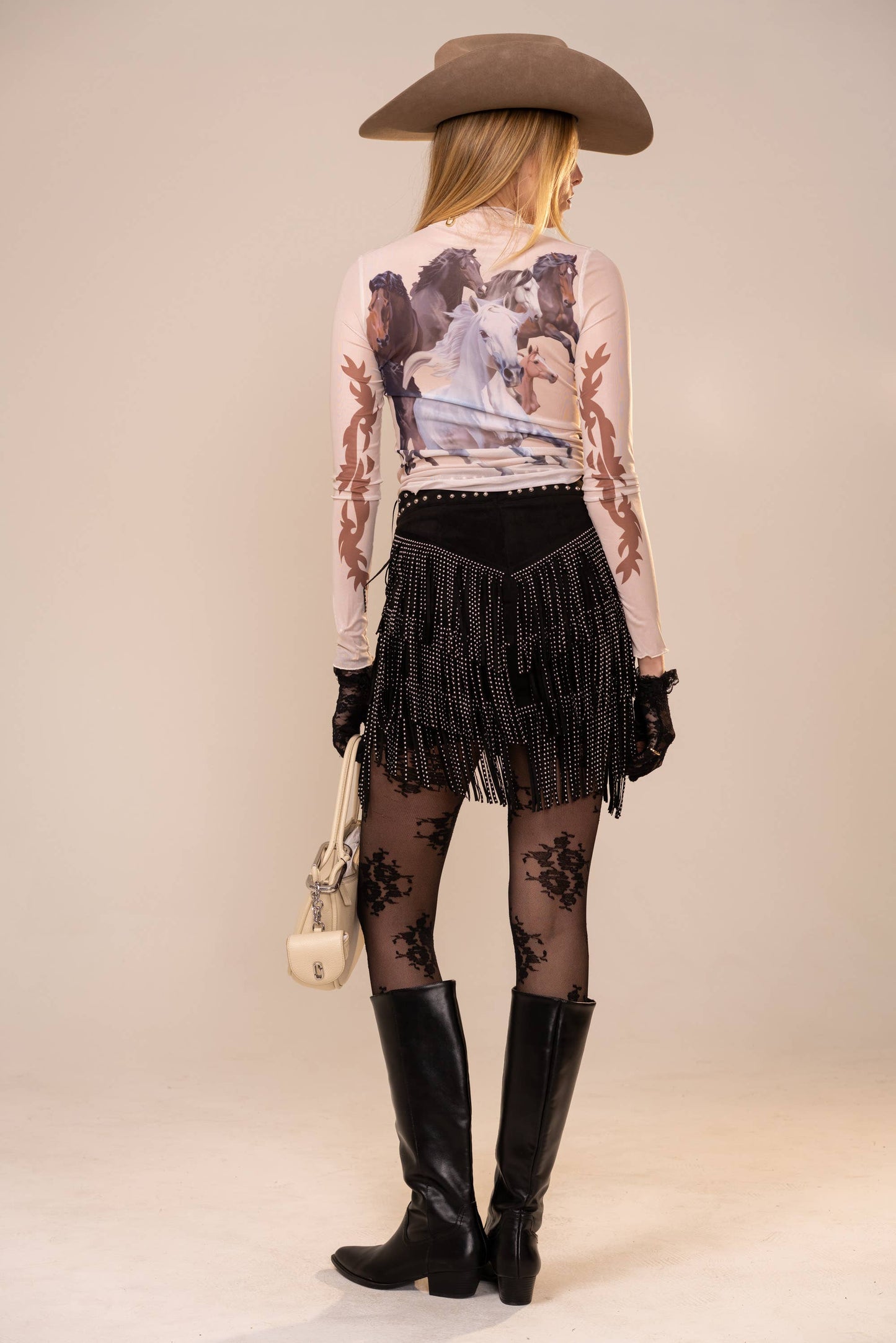 Horse Print Pearl Edge Mesh Top