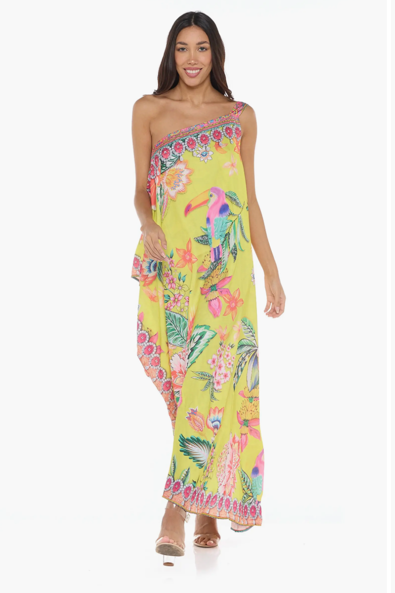 Crystal-Embellished One-Shoulder Dress - Yellow