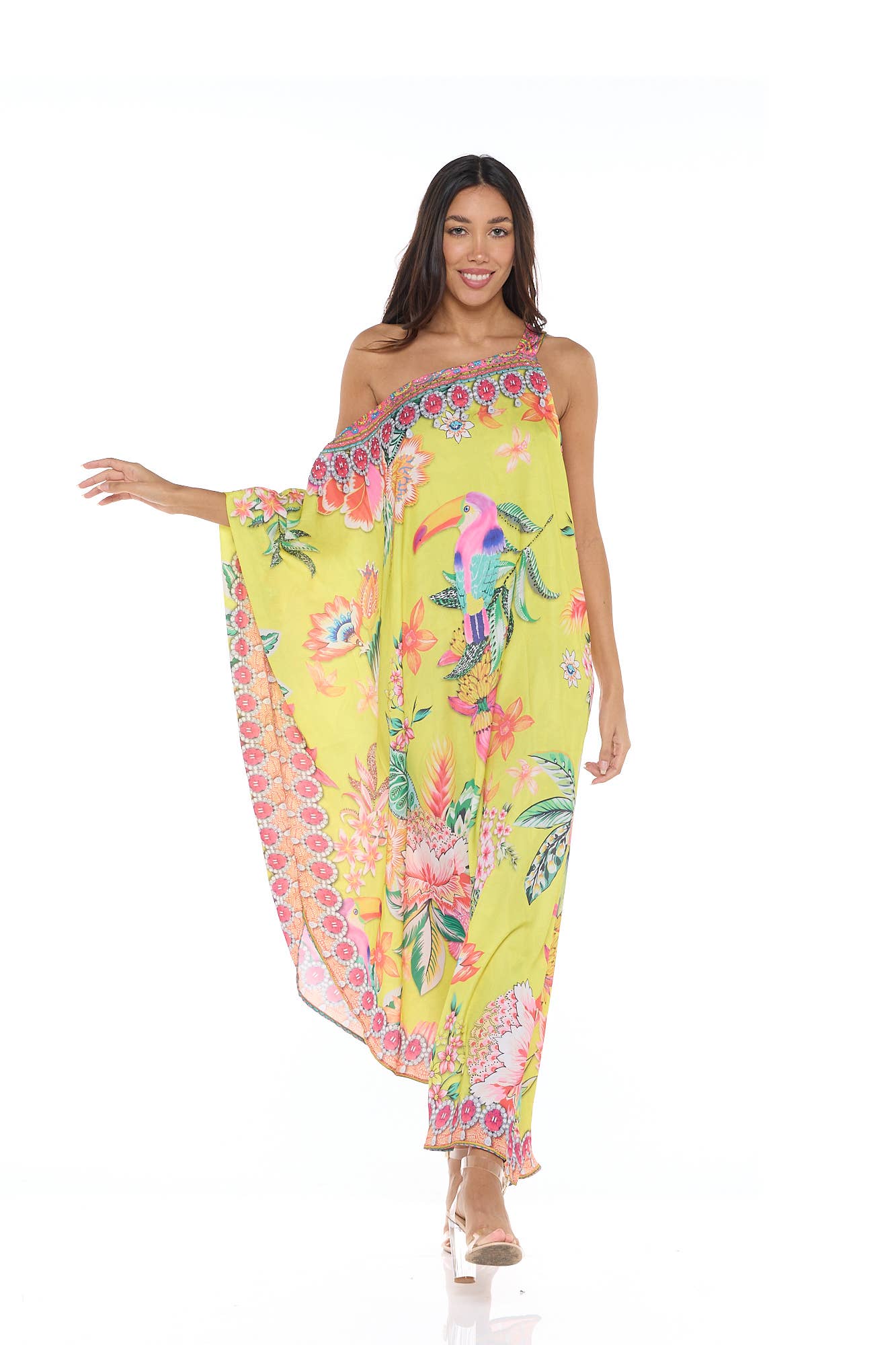 Crystal-Embellished One-Shoulder Dress - Yellow