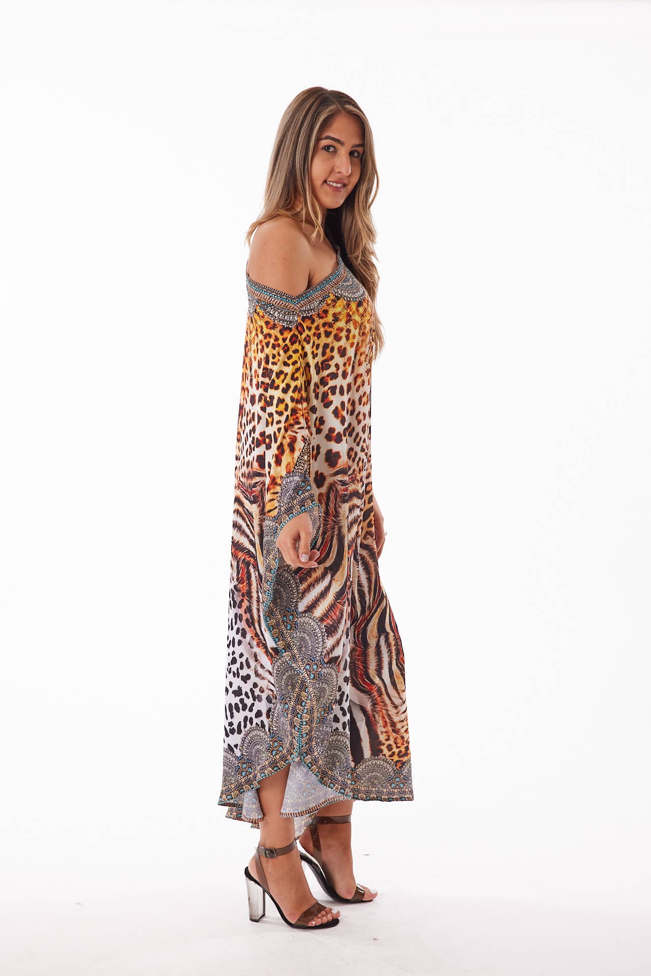Crystal-Embellished One-Shoulder Dress - Zebra / Tiger Combo