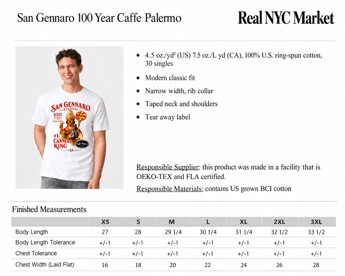 San Gennaro 100 Year Caffe Palermo T-shirt size chart