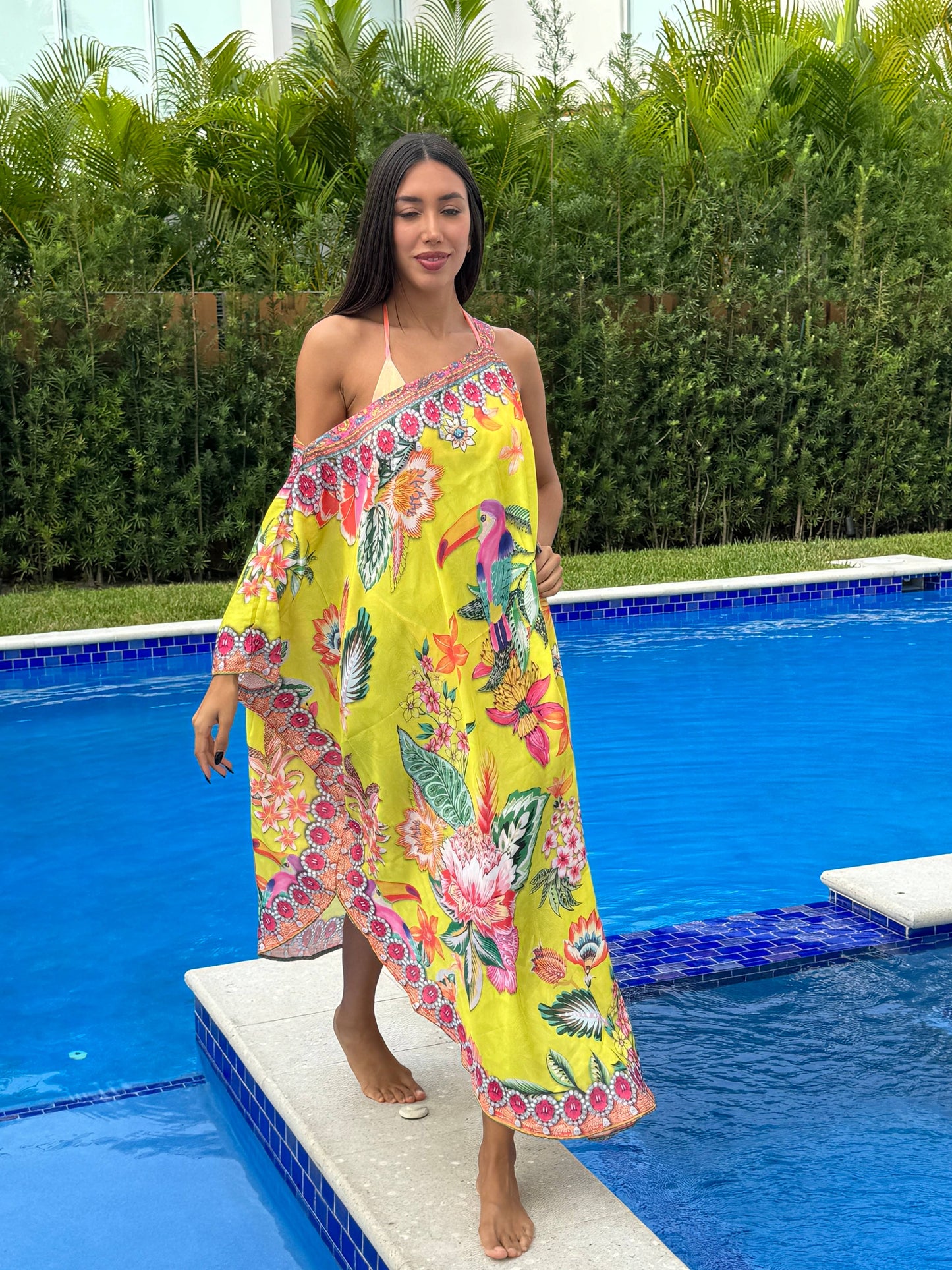Crystal-Embellished One-Shoulder Dress - Yellow